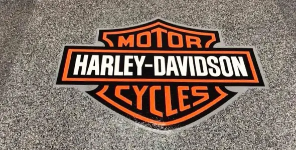 Harley-Davidson logo embedded in epoxy flooring.